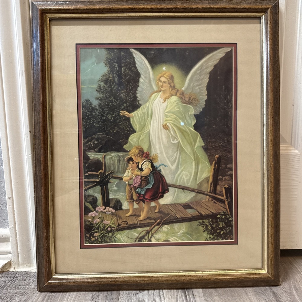 Vtg Guardian Angel with Children Framed Christian Religious Art Print Wall Decor